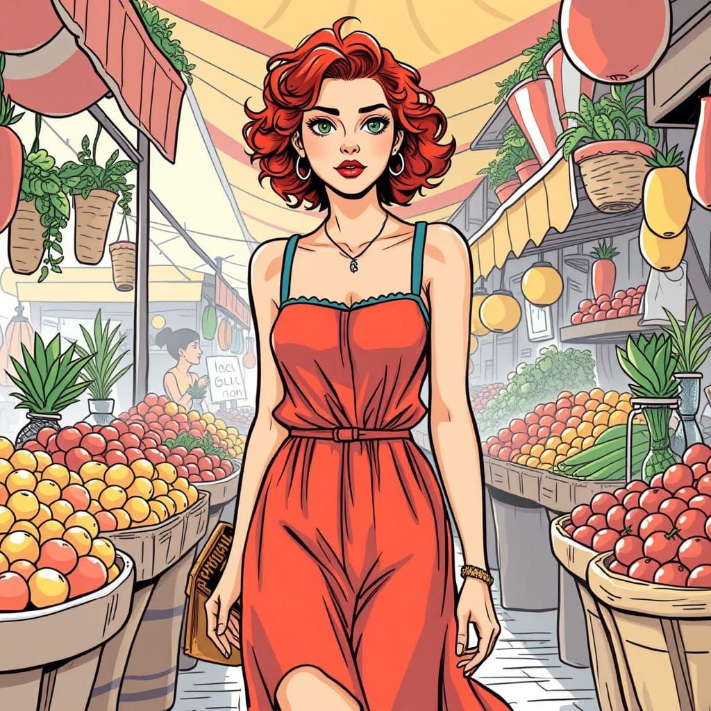 Vibrant Italian Market Scene in Retro Comic Style