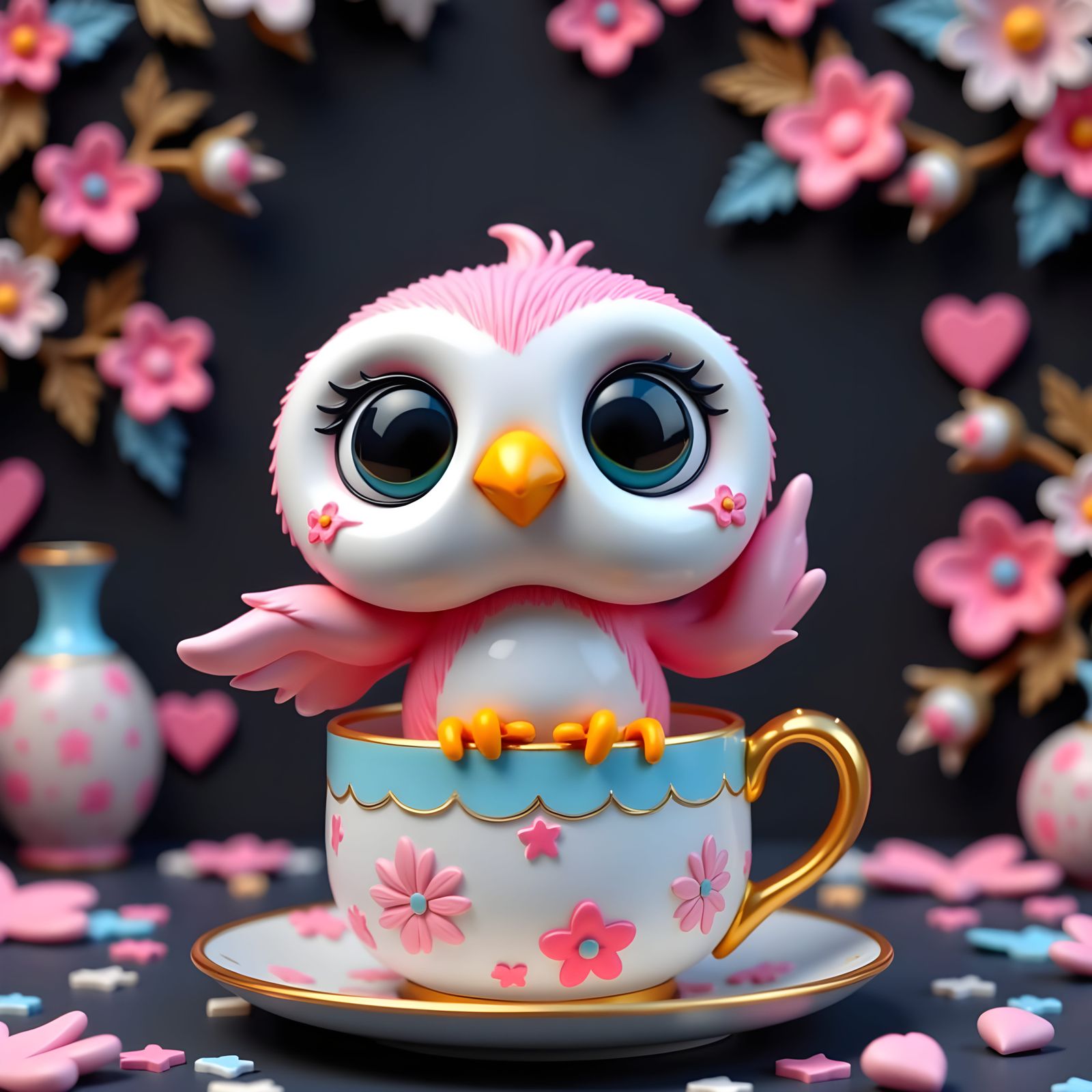 Adorable Baby Owl in Teacup, Funko Pop Claymation Style