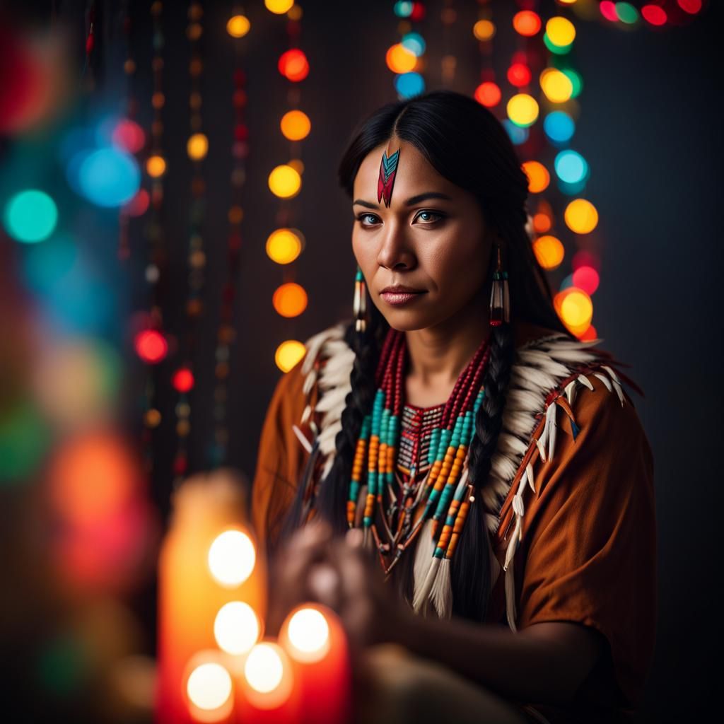 Native American Woman in Colorful Lit Room
