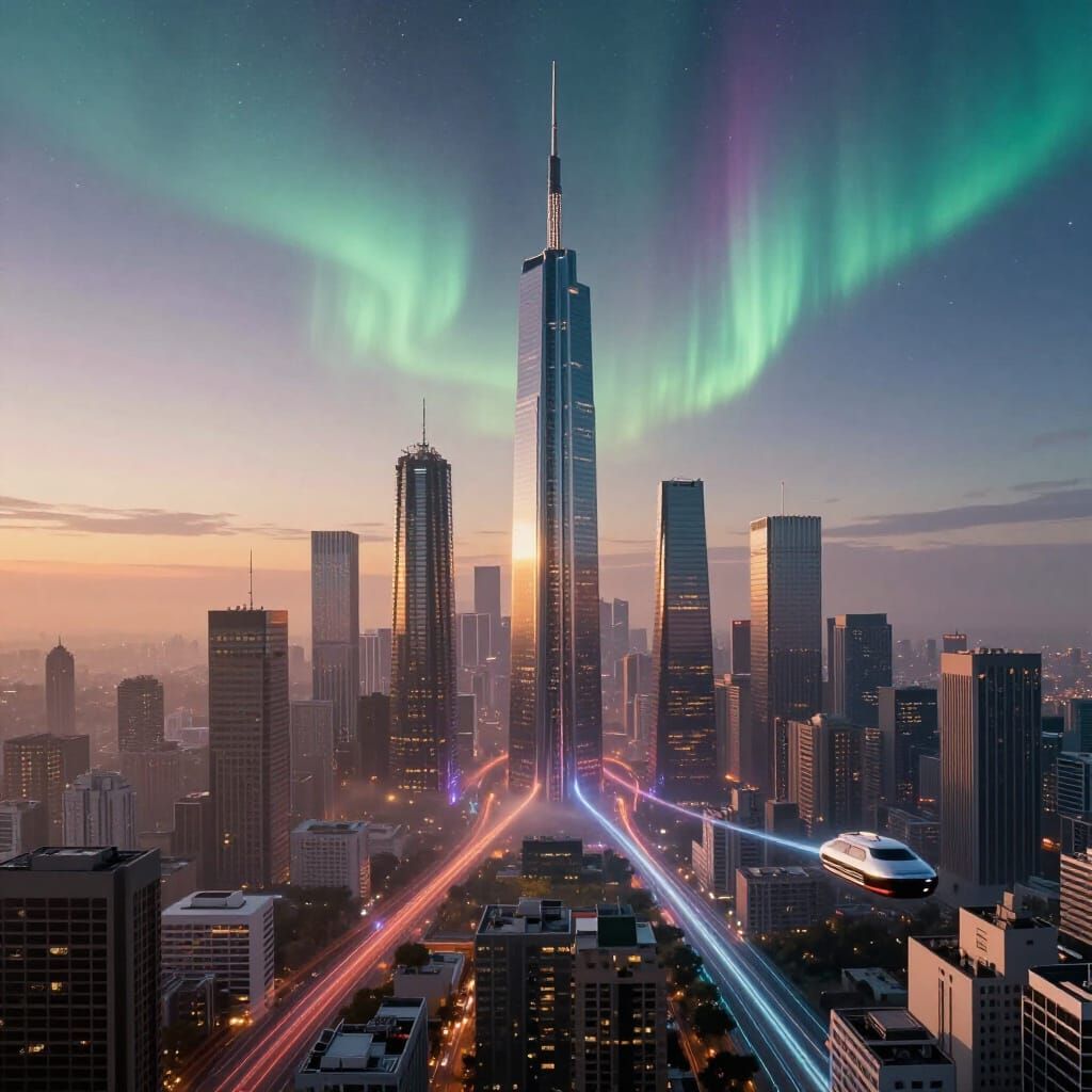 Futuristic Cityscape at Dawn with Celestial Skies
