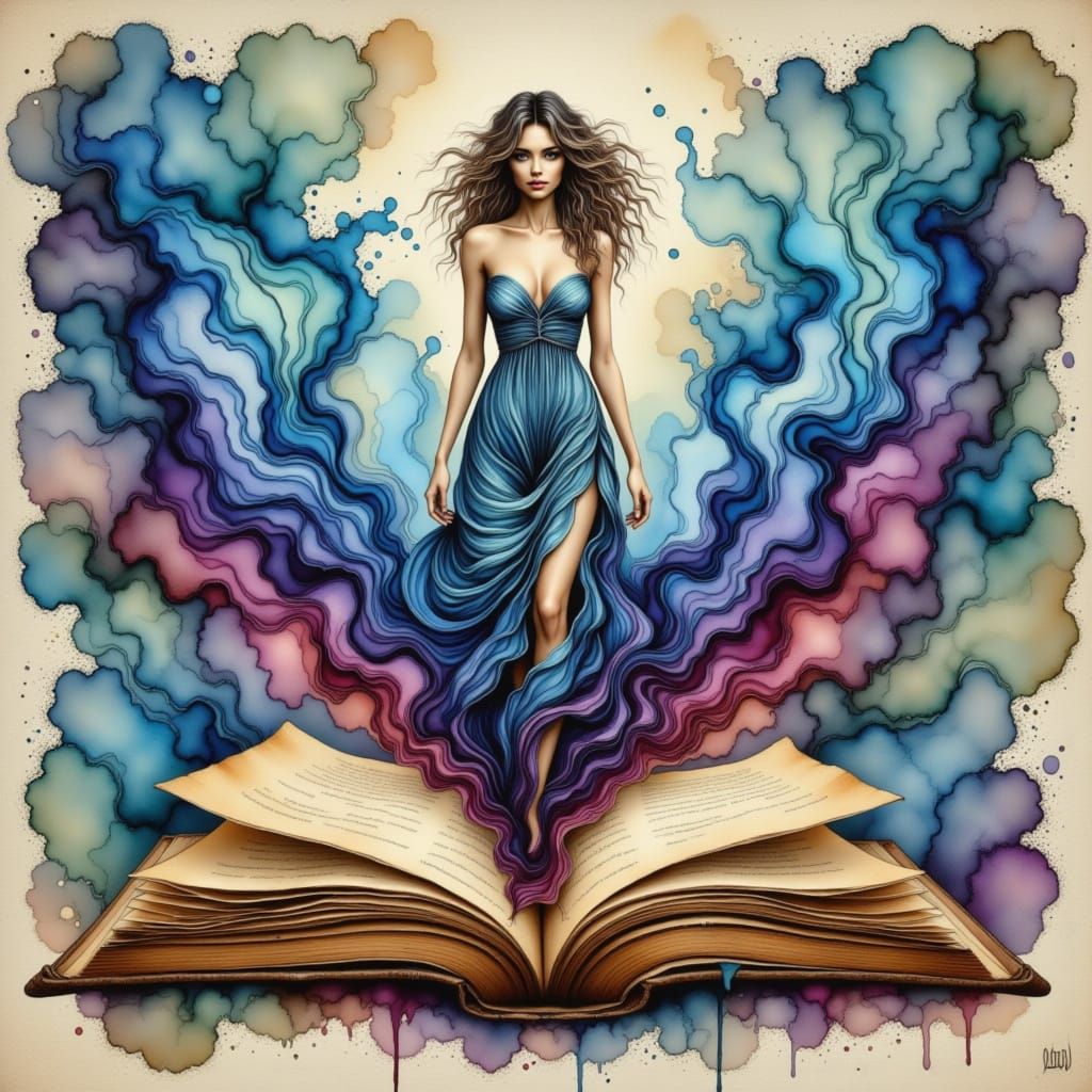 Ethereal Woman Emerges from Vintage Book