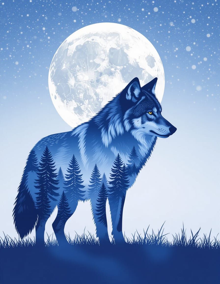 Majestic Wolf Silhouette with Snowy Forest Under Full Moon