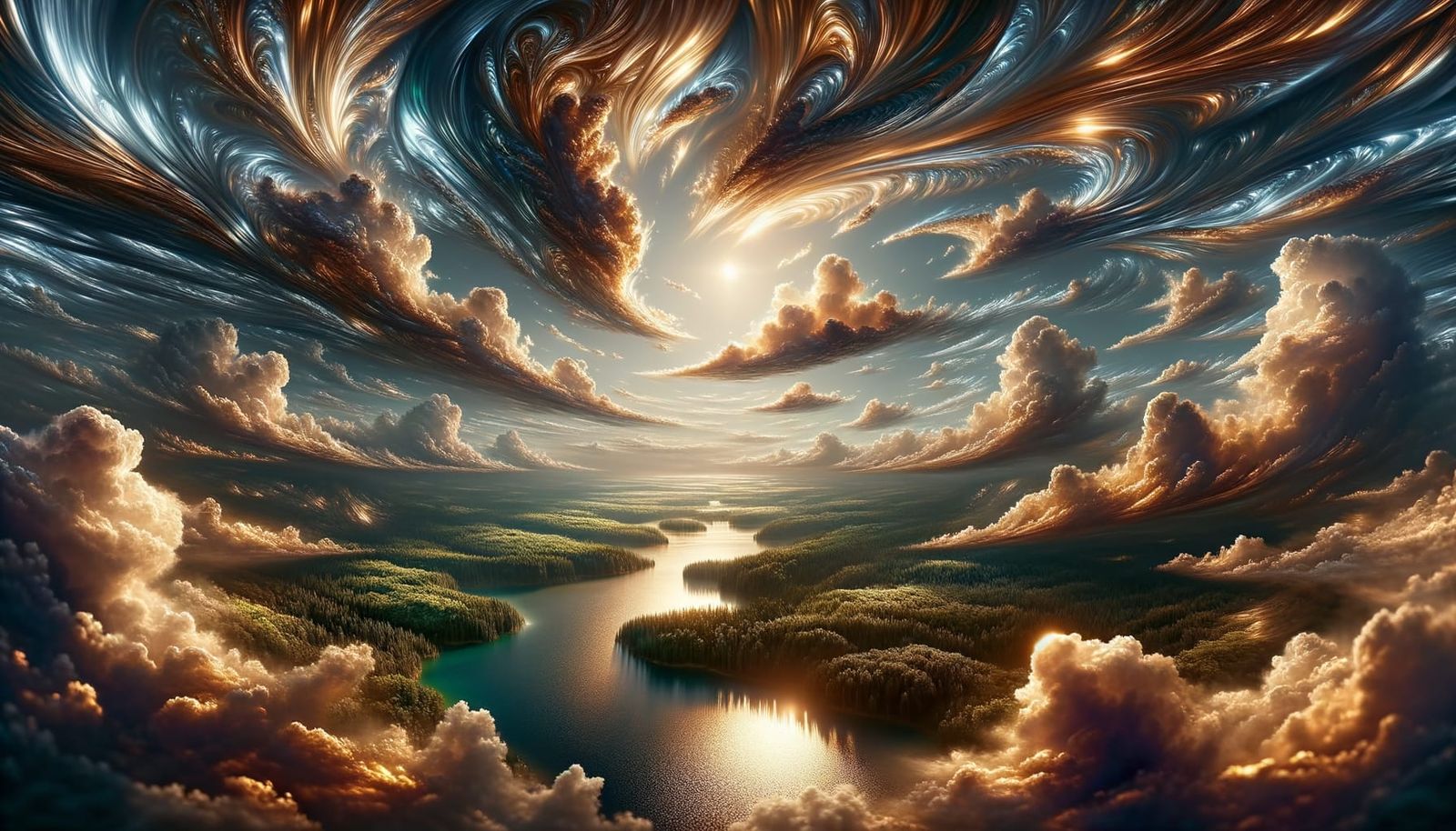 Metallic Sky Meets Green Forest in Dreamlike Landscape