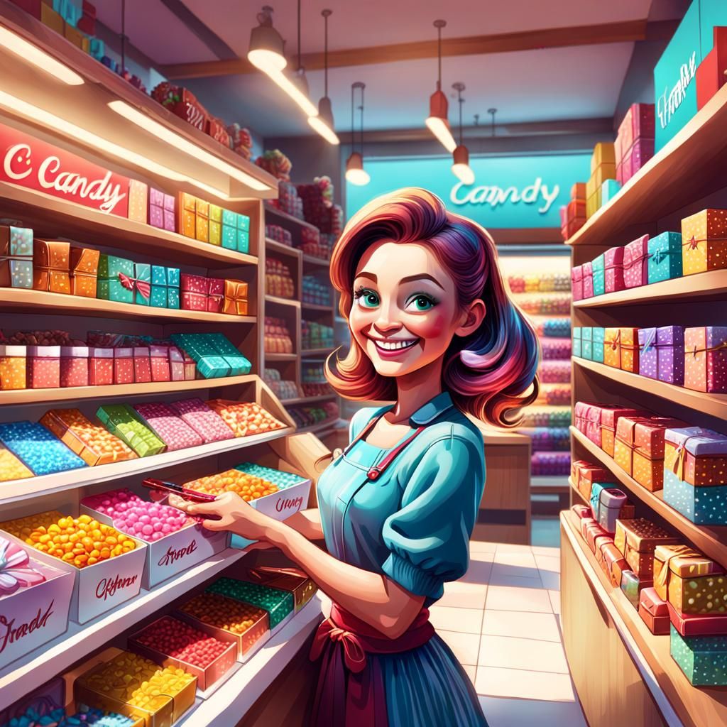 Happy Girl Wrapping Gift in Candy Art Shop