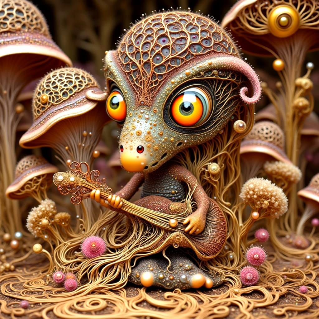 Whimsical Wool Doll Plays Guitar in Fractal Dreamscape