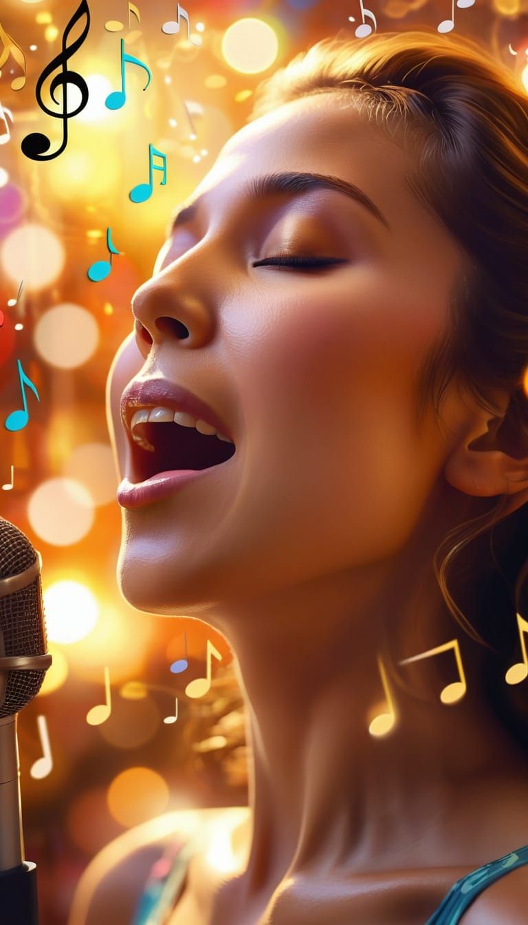 Expressionist Woman Singing Surrounded by Musical Notes