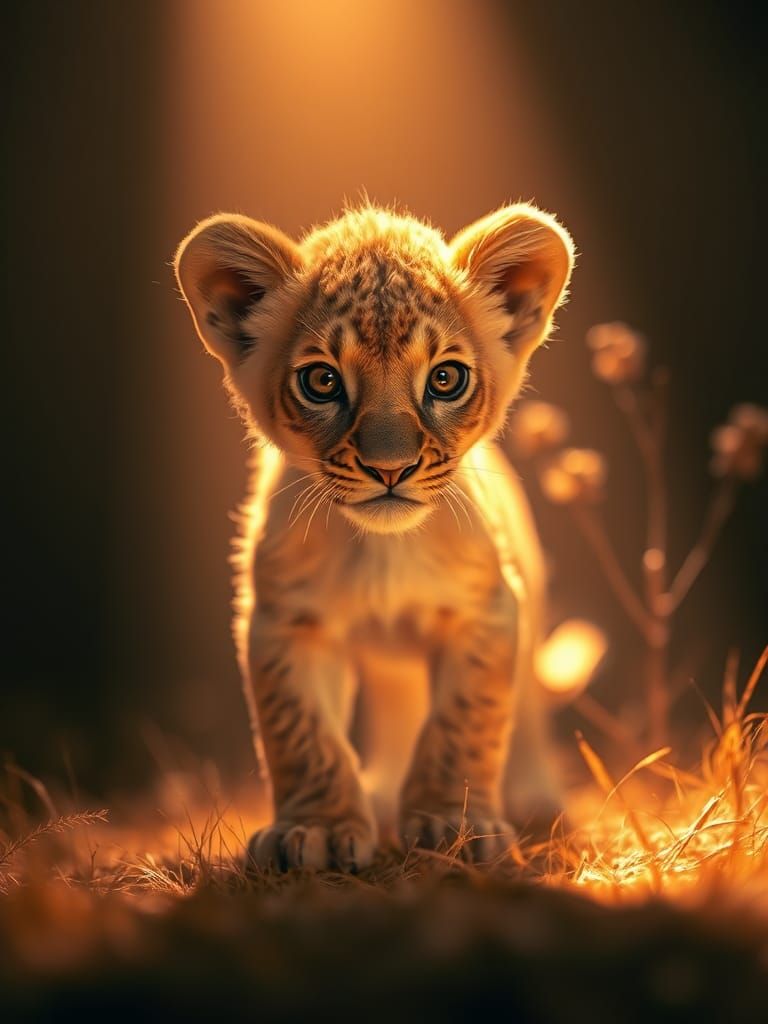 Ghostly Lion Cub in Retrofuturistic Style