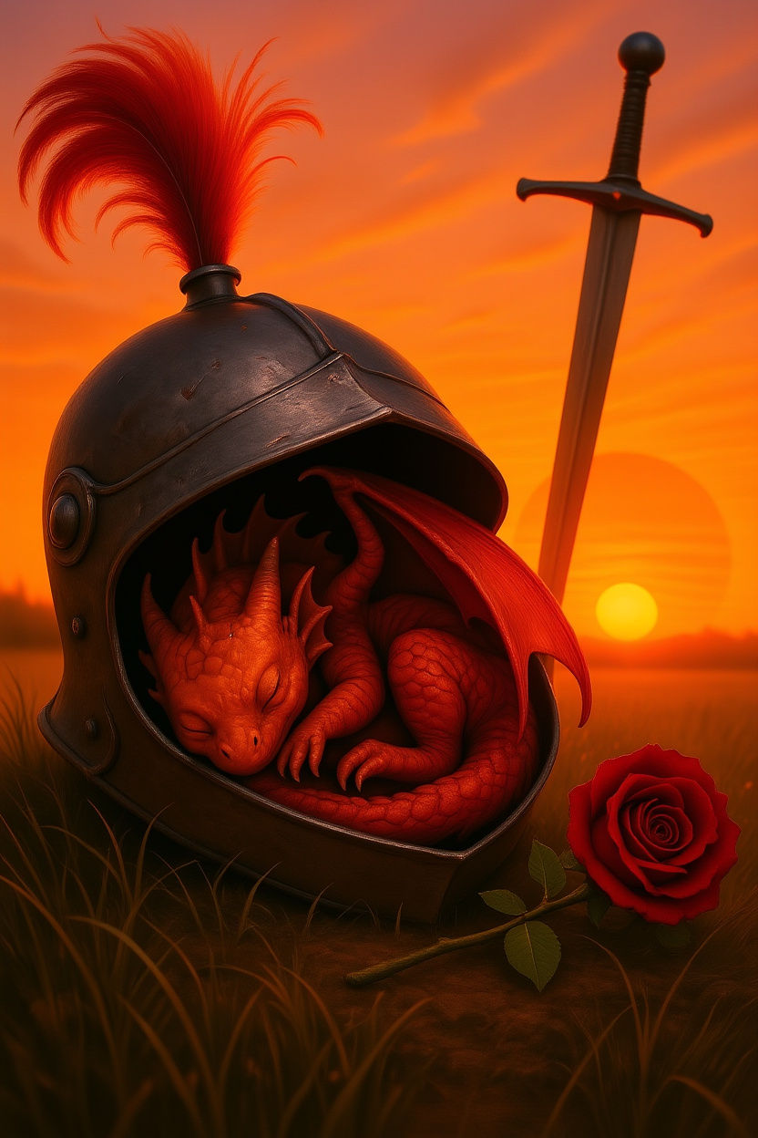 Sleeping Dragon in Knight Helmet at Sunset