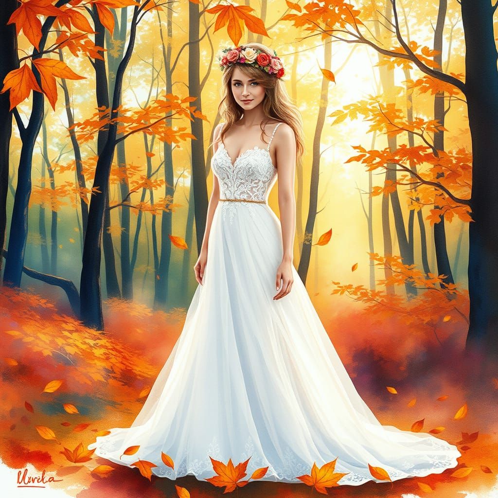 Whimsical Watercolor Bride in Golden Fall Forest