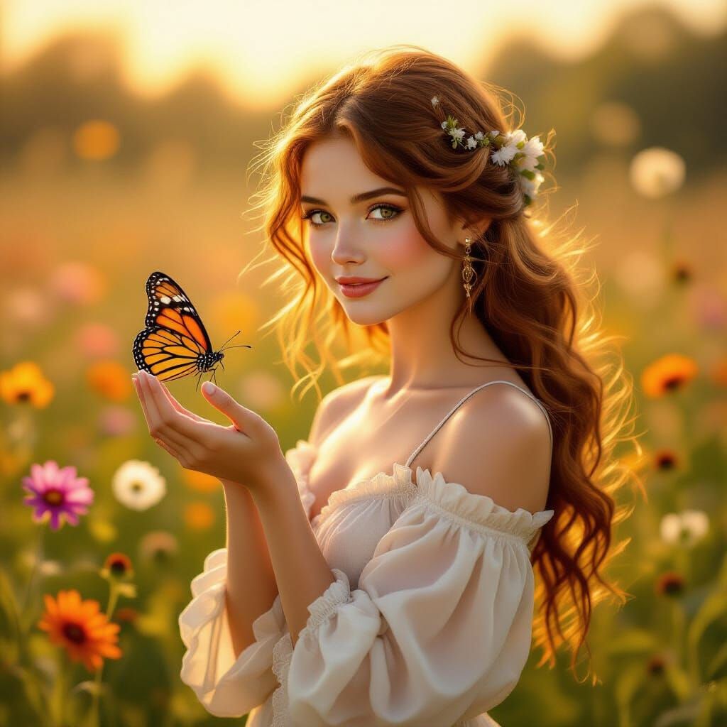 Ethereal Meadow Scene: Woman Holding Butterfly in Golden Hou...