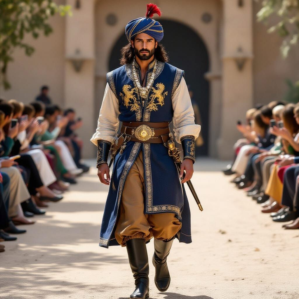 Regal Man in Indigo Vest with Gold Embroidery