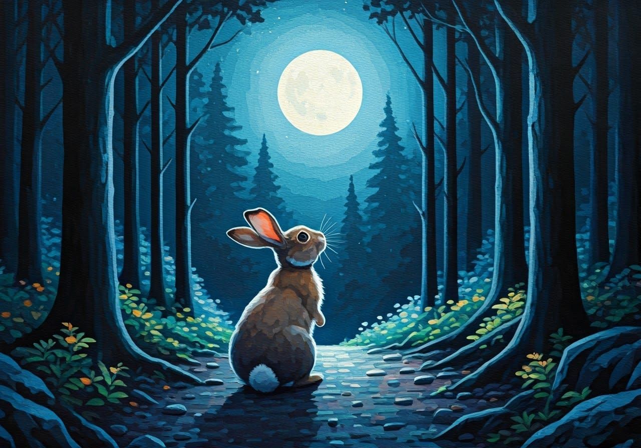 Rabbit Contemplates the Full Moon in a Woodland Glade