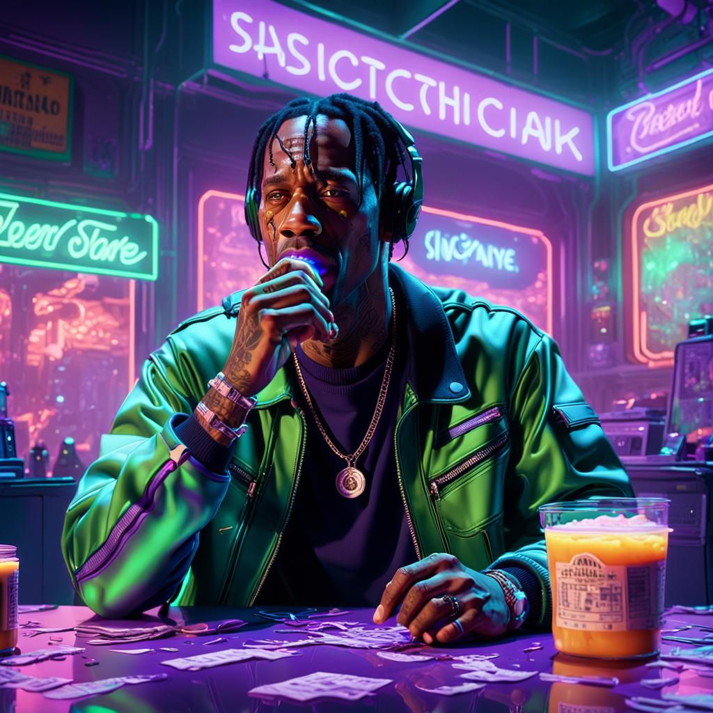 Travis Scott Eats Tape in Surreal Neon Dreamscape