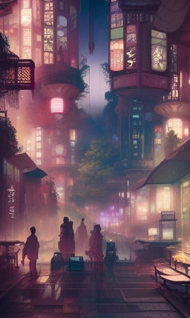 Japanese Steampunk Metropolis with Ghostly Lights