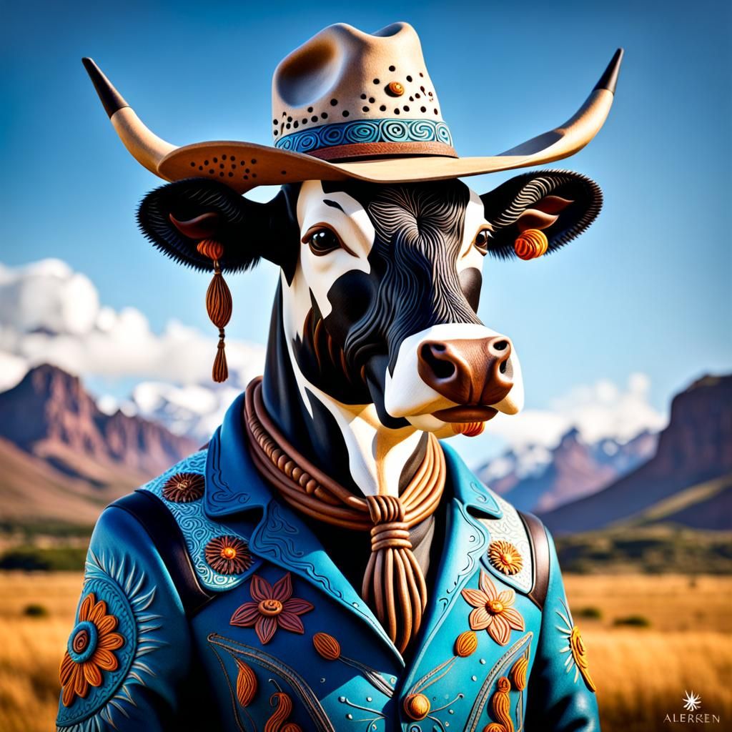 Cow in Cowboy Hat as Alebrije Art