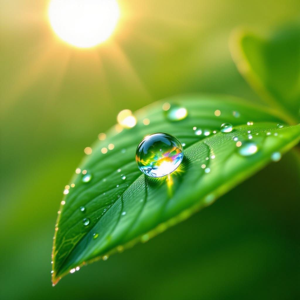 Hyperrealistic Dewdrop on Leaf with Rainbow
