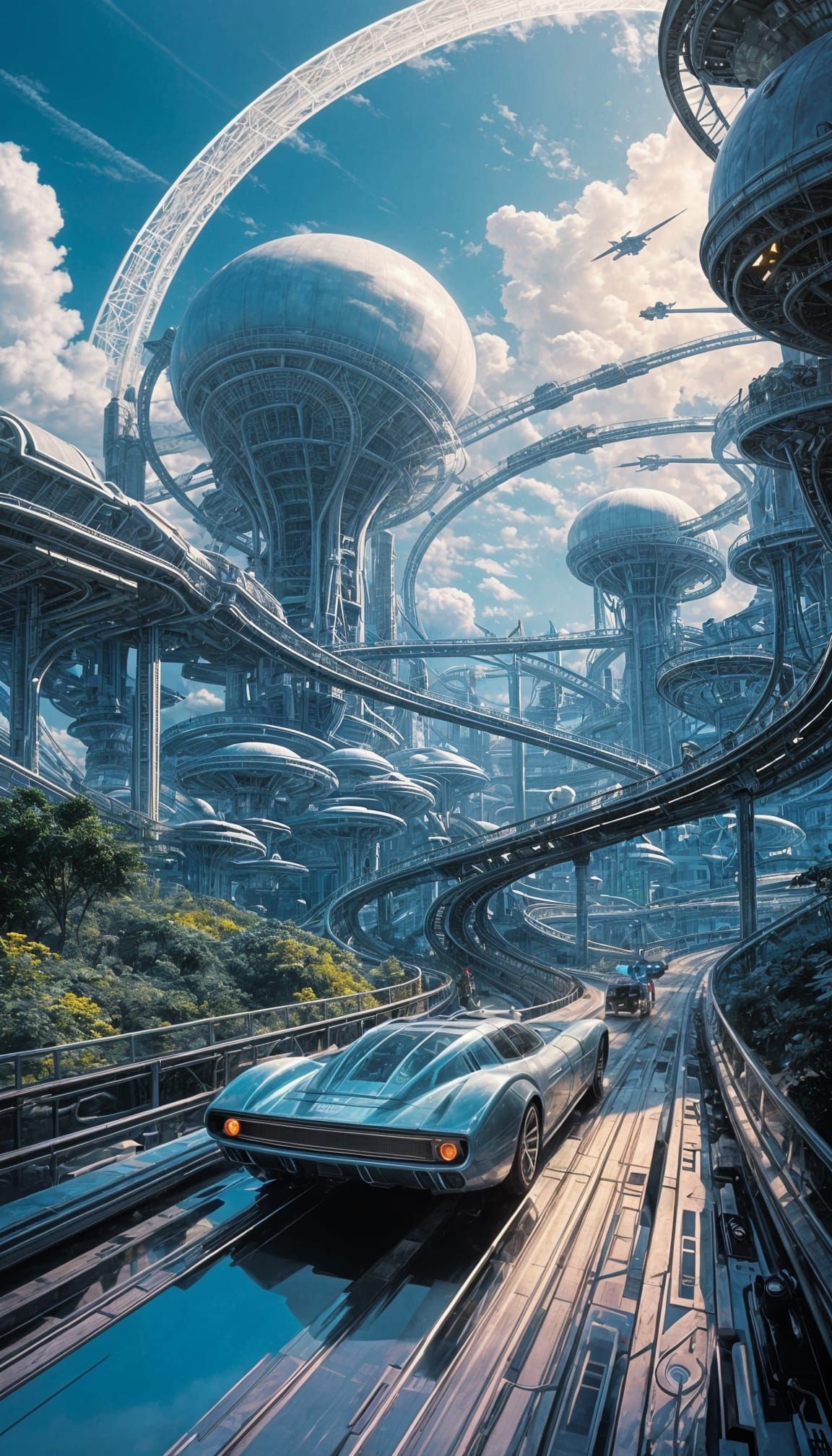 Futuristic Roller Coaster Concept Art in Space Theme Park
