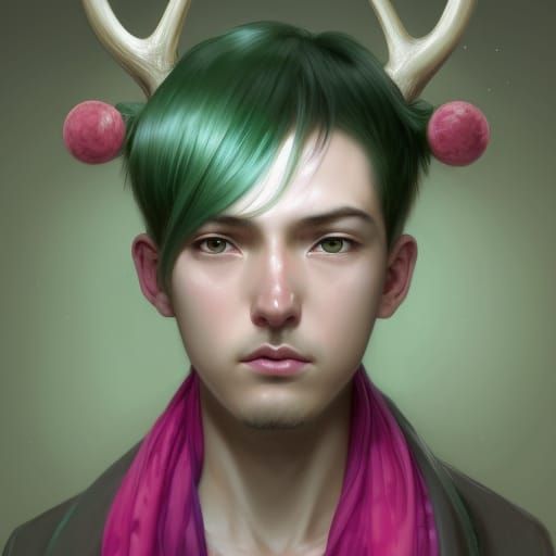 Japanese Teenager Portrait with Antlers in Art Nouveau Style
