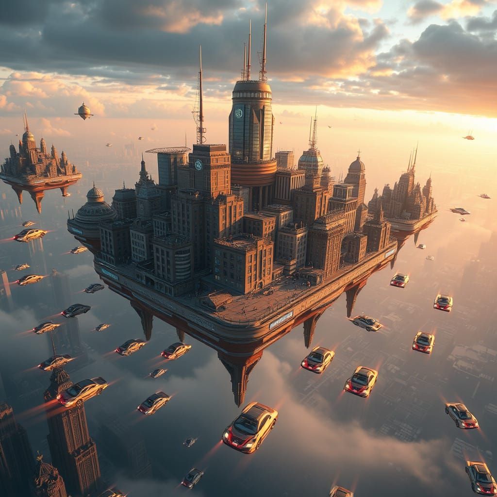 Floating Cityscape with Solar-Powered Fashion