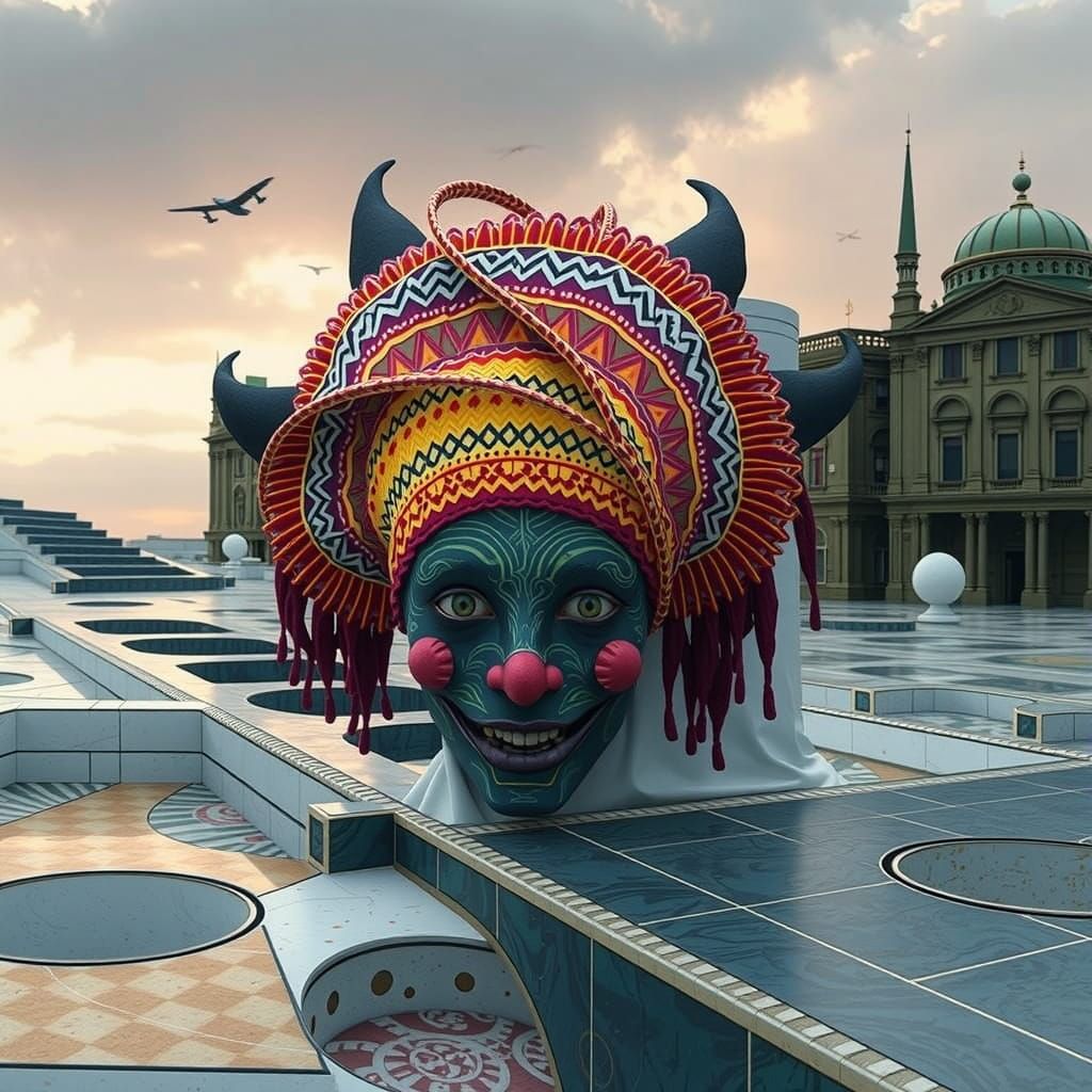 Harlequin in Op-Art Labyrinth with Geometric Patterns