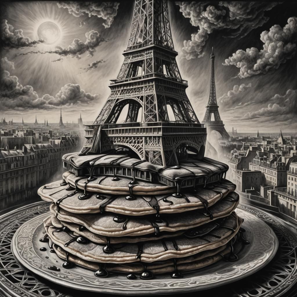 Giant Pancake Devours Eiffel Tower: Charcoal Drawing