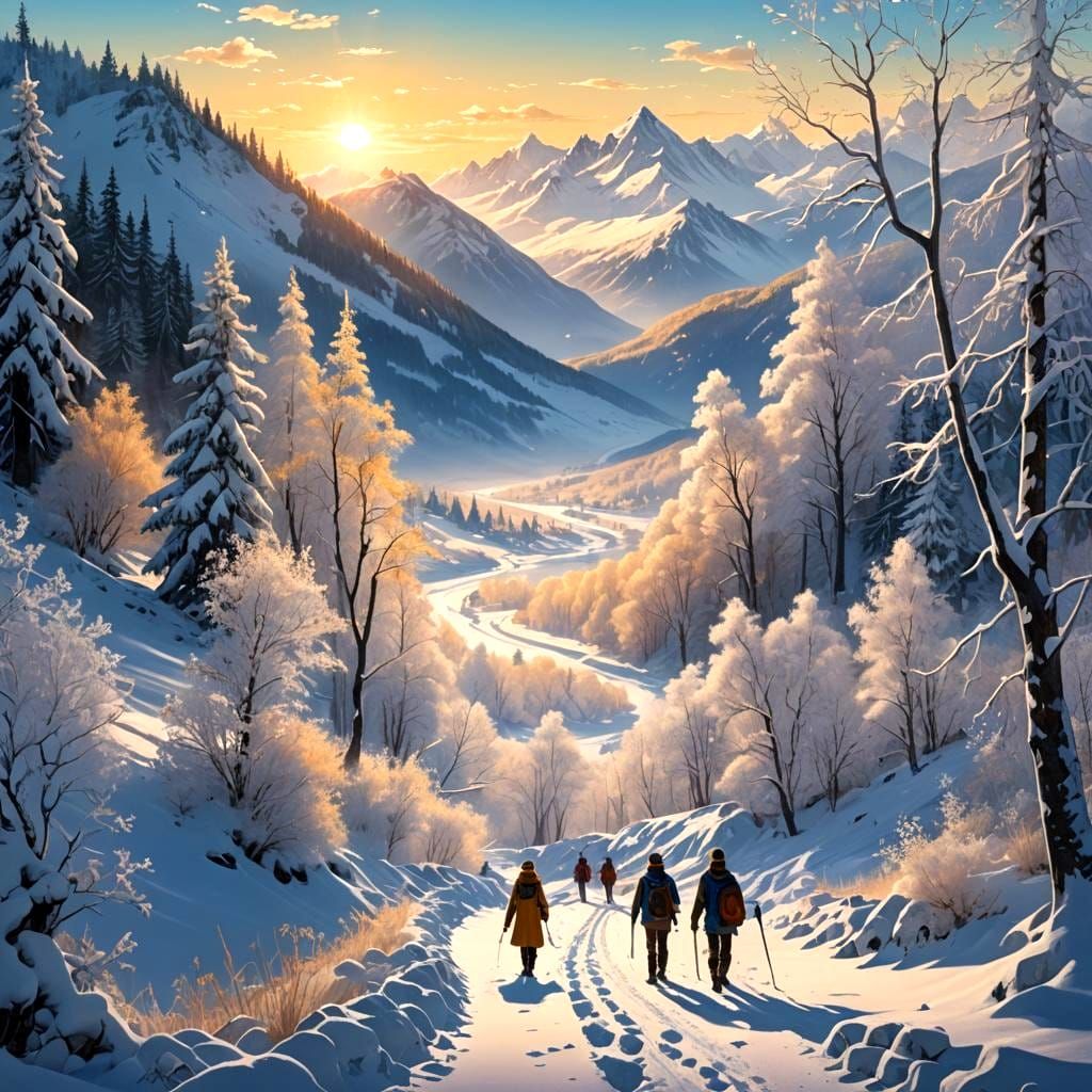 Winter Landscape with Travelers in Matte Painting Style