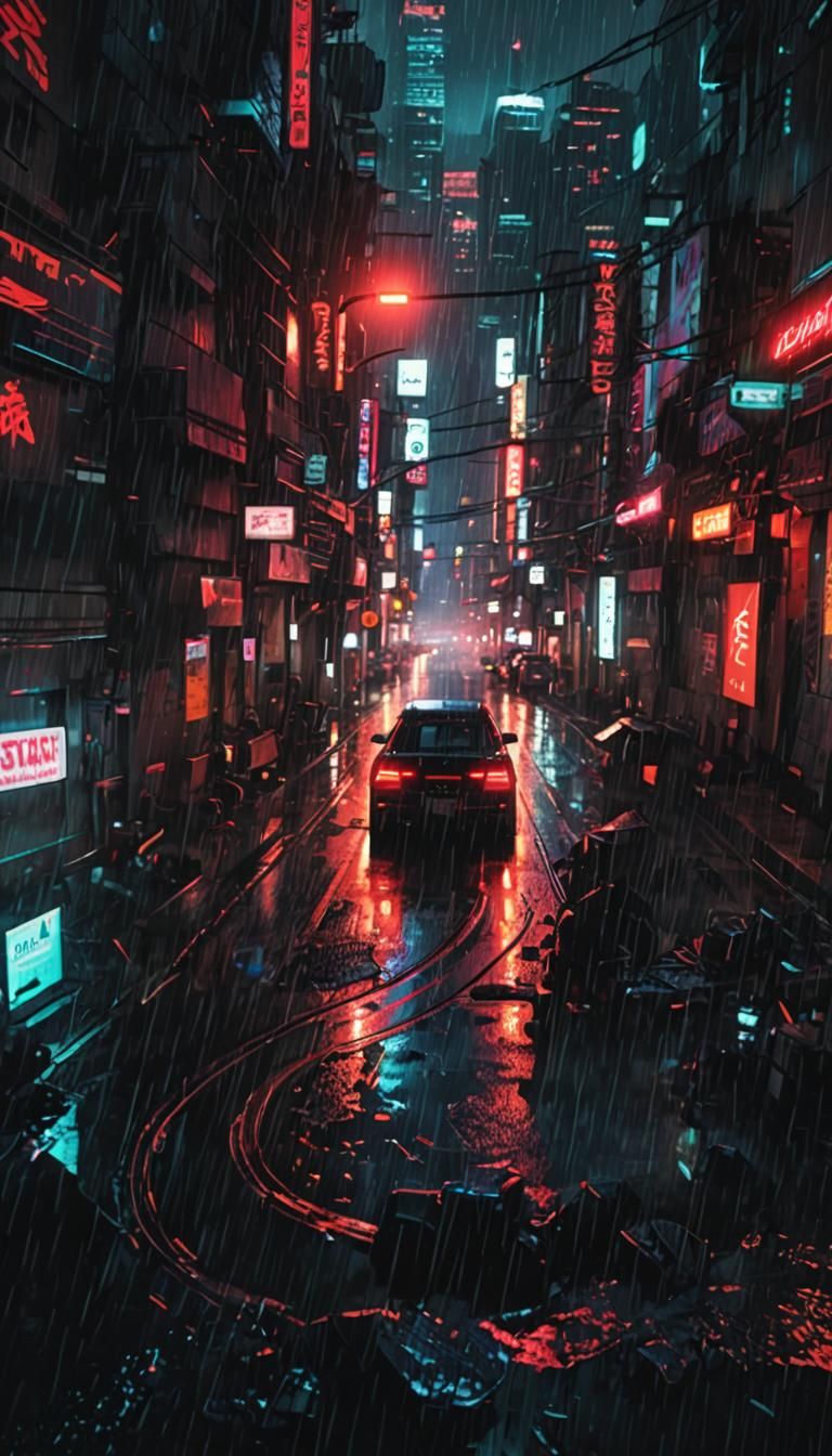 Cyberpunk Car Speeds Through Rainy Neon Cityscape