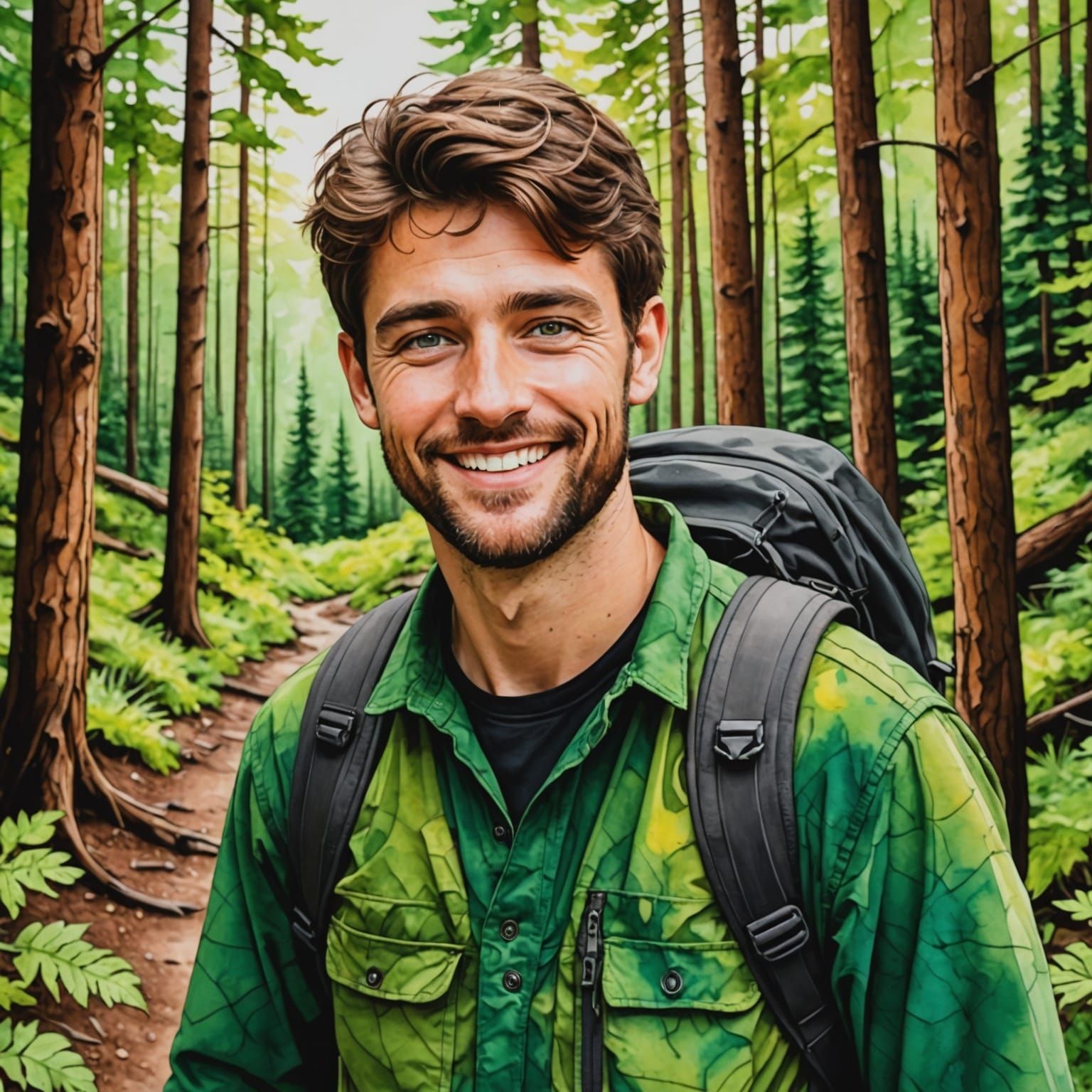 Man Hiking in Forest with Alcohol Ink Effect