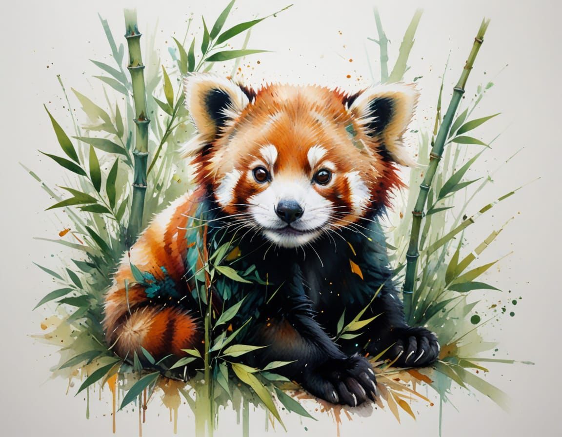 Red Panda Cub in Bamboo, Gouache Textures