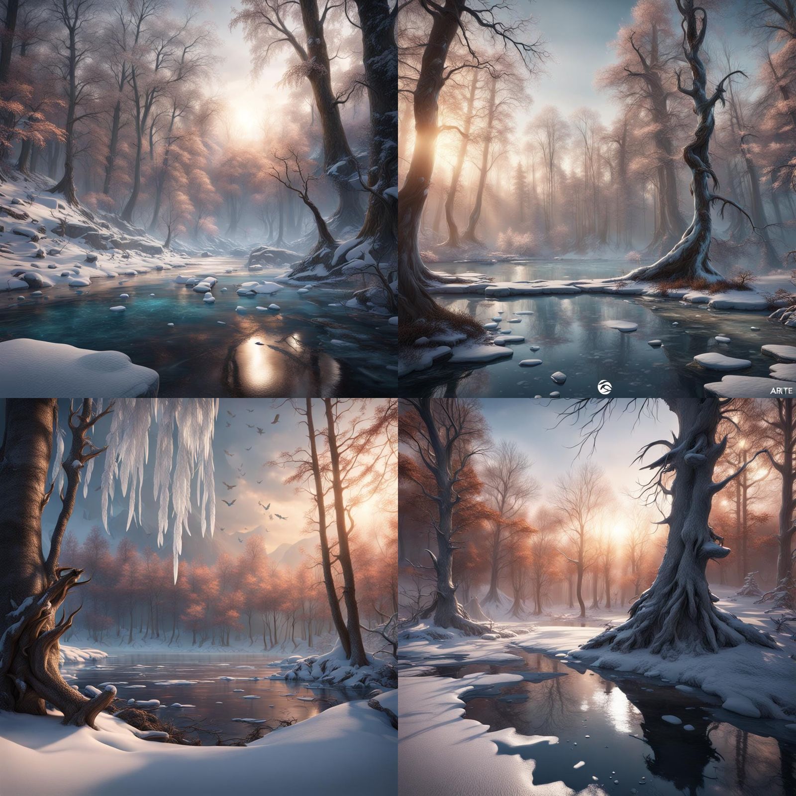 Winter Woods and Ice Lake at Sunrise