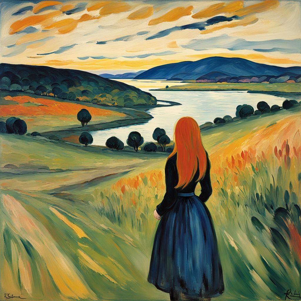 Expressionist Landscape with Girl Silhouette