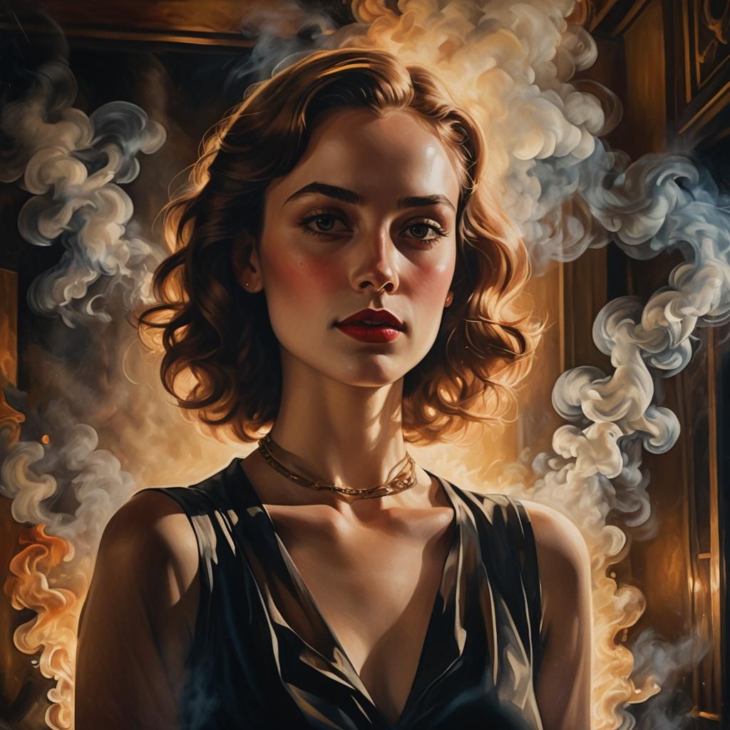 Confident Woman in Smoky Room, Art Deco Portrait