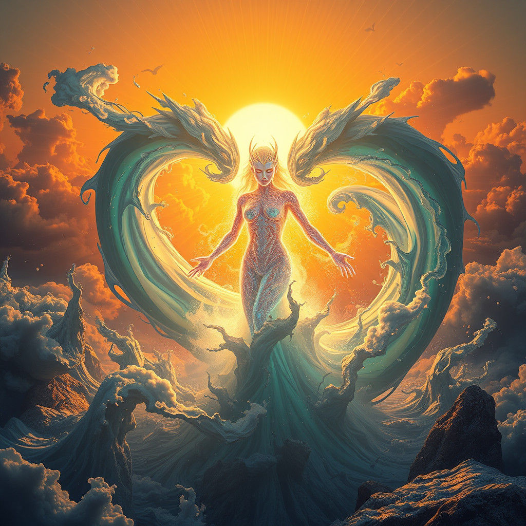 Mystical Elemental Being in Surreal Landscape