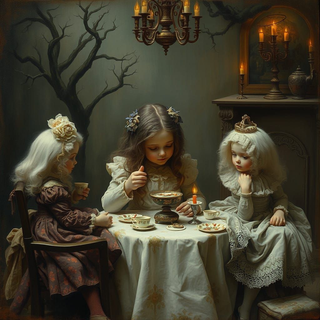 Little Girl Hosts Whimsical Tea Party with Antique Dolls in ...