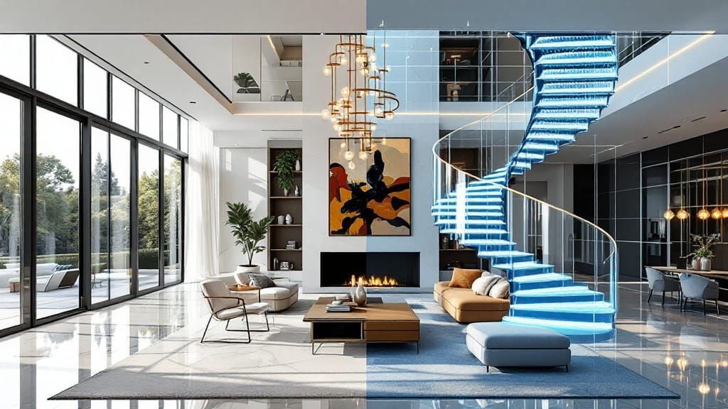 Modern Interior Split-Screen: Reality vs. Wireframe