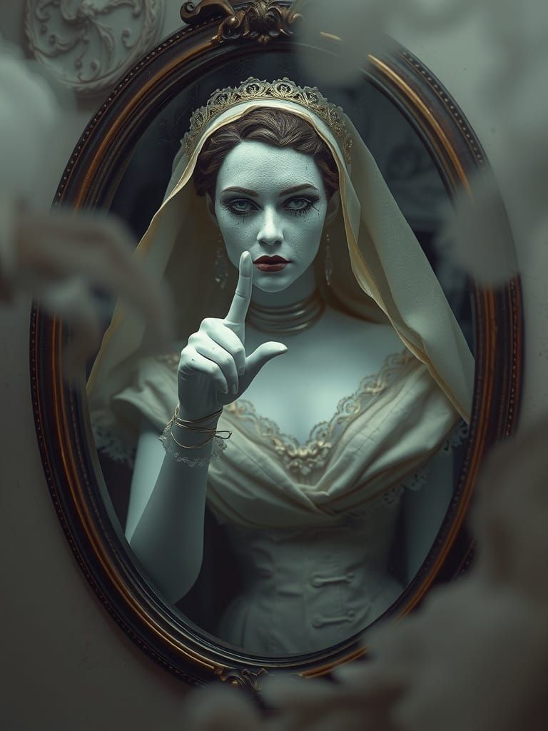 Eerie Mannequin Bride Emerging from Antique Mirror