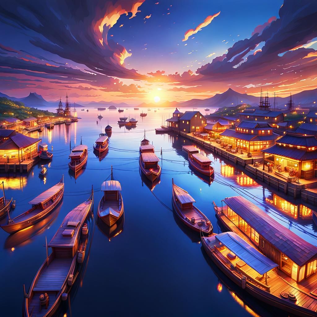Fantasy Harbor Sunset: 3D Anime Art