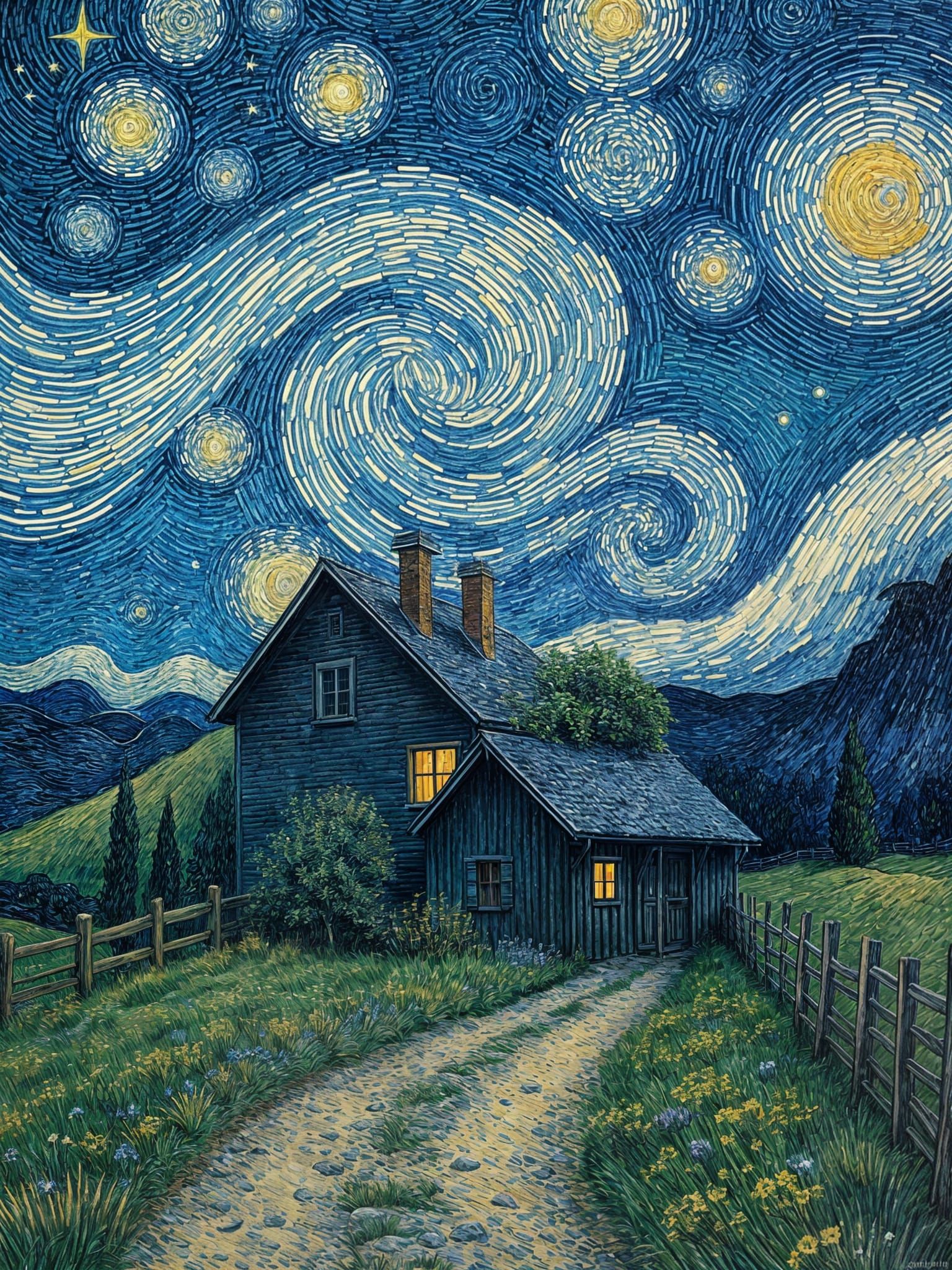 Whimsical Starry Night Village Scene