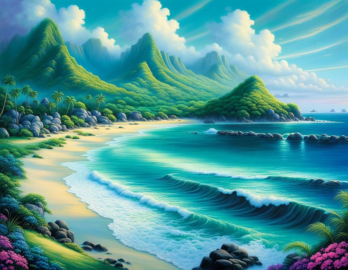 Luminous Tropical Beach in Kinkade Style