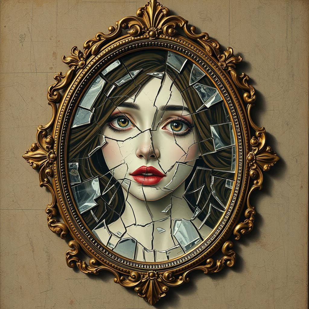 Ornate Shattered Mirror Reflecting Distorted Dreams