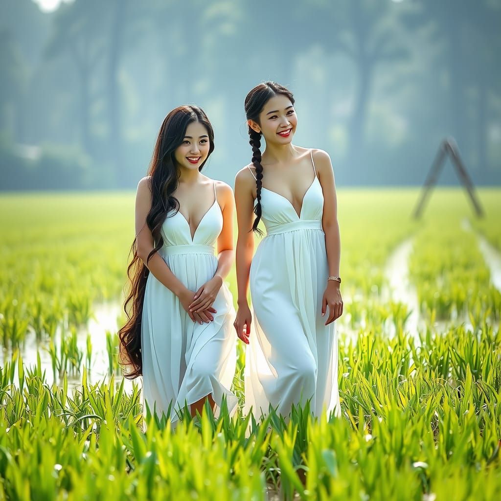Korean Rice Paddy: Two Beauties in White Dresses
