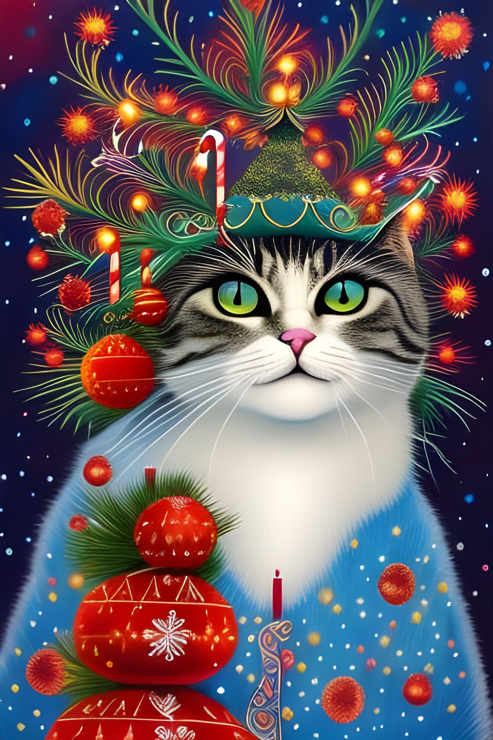 New Year Cat with Christmas Tree in Magic Realism
