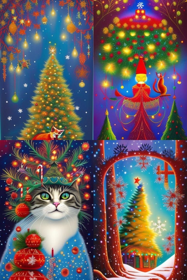 New Year Cat with Christmas Tree in Magic Realism