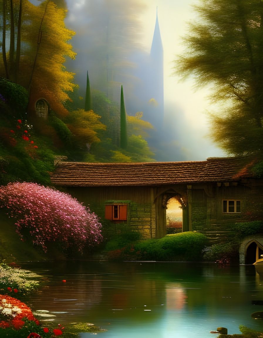 Fairytale Cabin with Watermill as Impasto Oil Painting