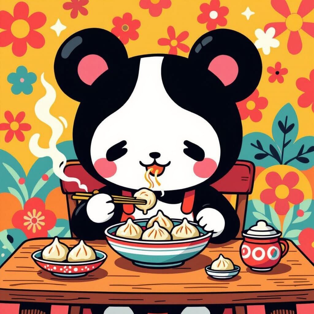 Chiikawa Enjoys Steaming Dumplings in Vibrant Style