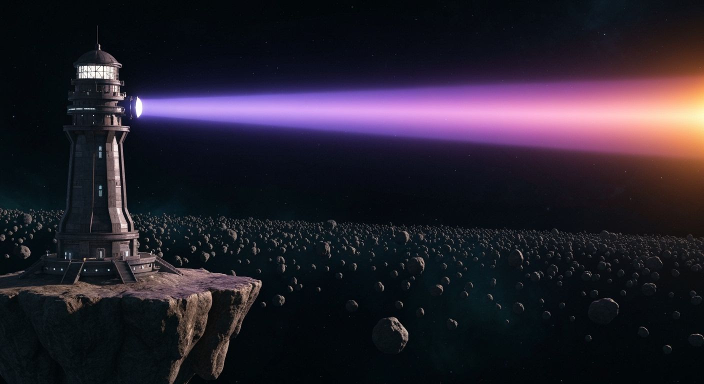 Sci-Fi Lighthouse Lights Asteroid Field