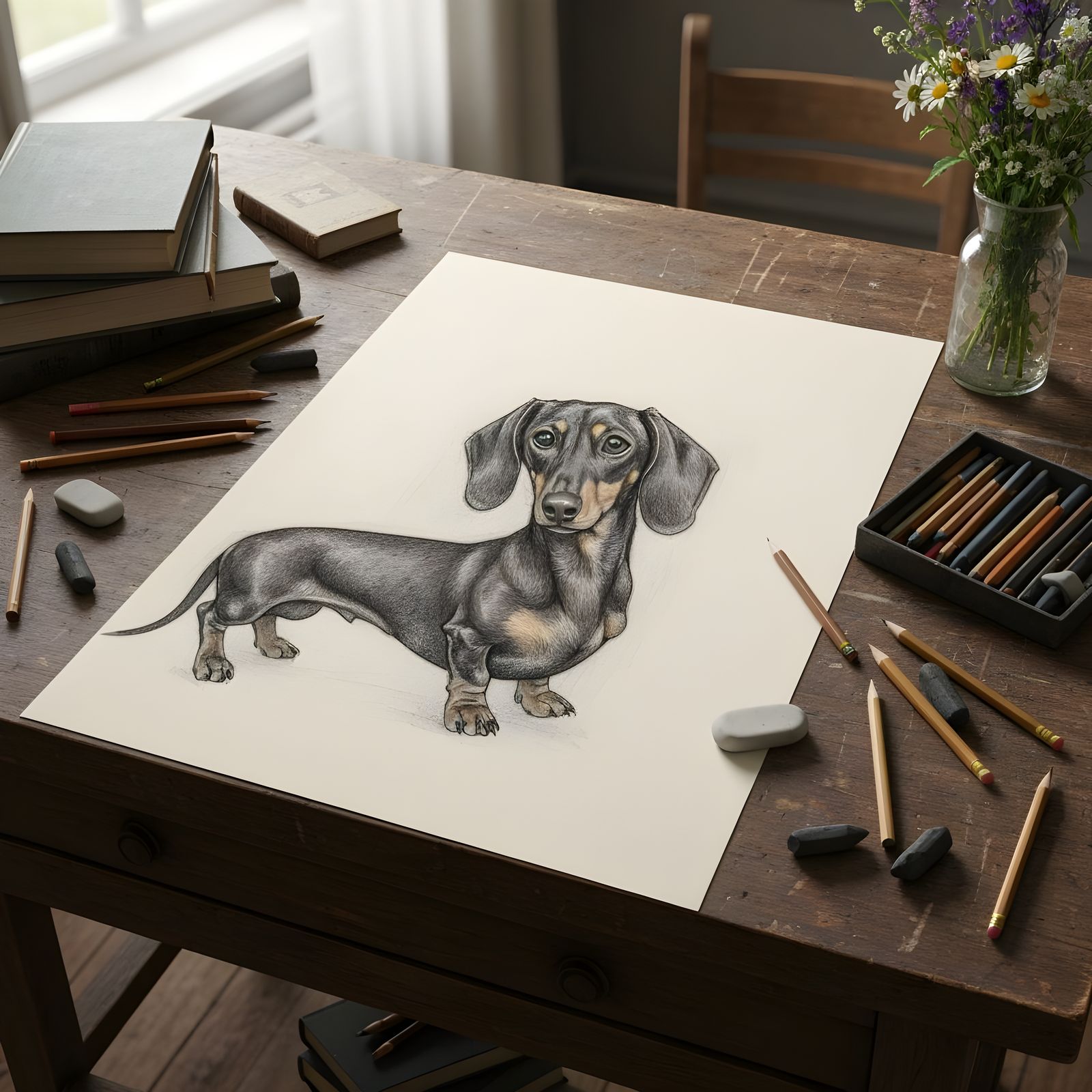 1920s Artist's Table: Hyperdetailed Charcoal Dachshund Sketc...
