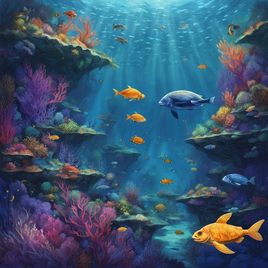 Underwater Coral Reef with Iridescent Fish, Oil Painting
