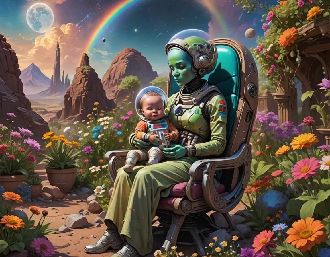 Loving Martian Mother and Baby in Fantasy Garden