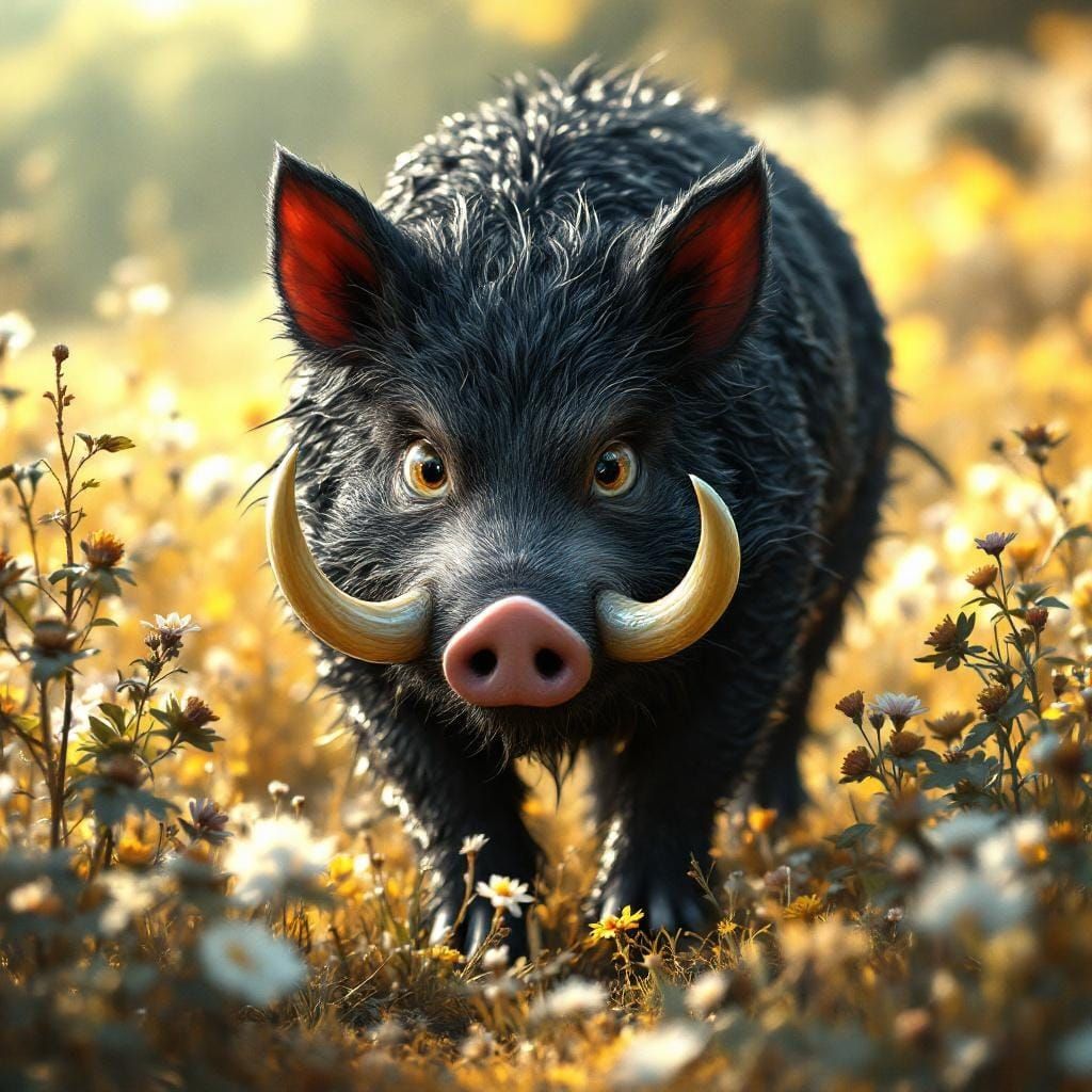 Jade-Tusked Pig-Boar in Wildflower Meadow